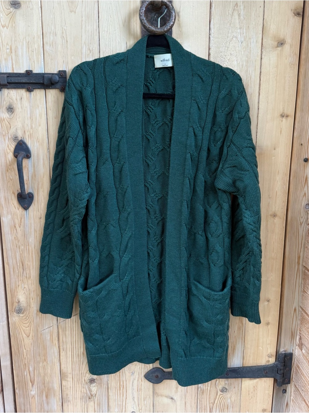 Aritzia Wilfred Dark Green Cable-Knit Open Cardigan Sweater Size Small